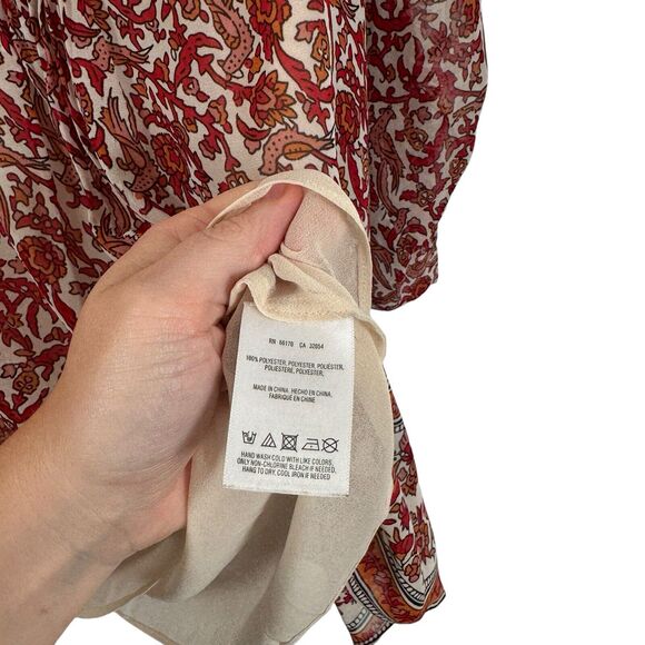 Meadow Rue Anthropologie Orange Floral Roll Tab Sleeve Blouse Boho Womens Large - Picture 4 of 6